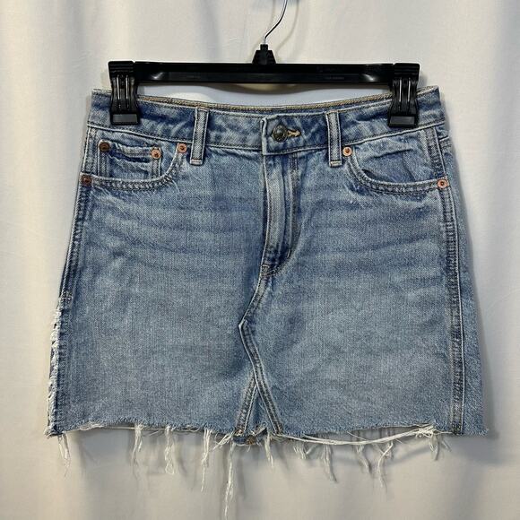 American Eagle Blue Denim Super Hi-Rise A-Line Mini Skirt Raw Chewed Hem 0 - Picture 1 of 5